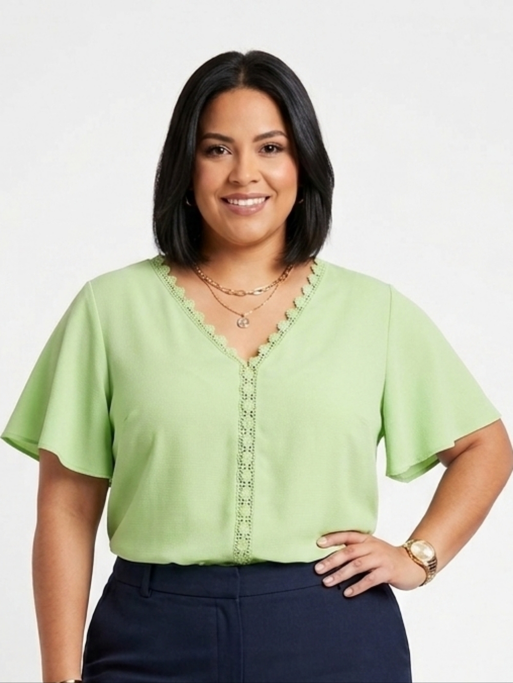 Women’s Light Green V-Neck Blouse with Lace Trim